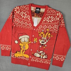 Garfield and Odie Christmas Ugly‎ Sweater Adults Small Button-Up Knit Cardigan